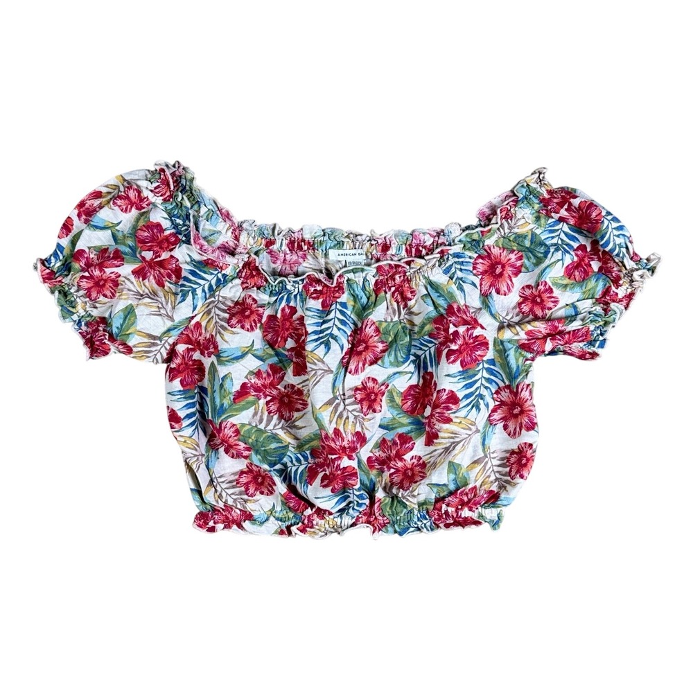 American Eagle Floral Off Shoulder‎ Crop Top Women XS Smocked Hem Peasant Blouse